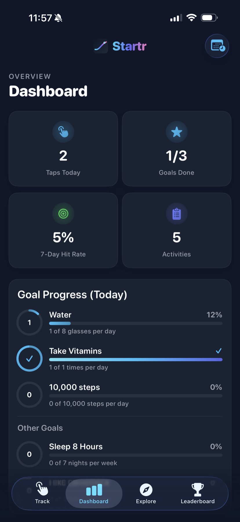 Startr dashboard showing taps today, goals done, 7-day hit rate, and all activities