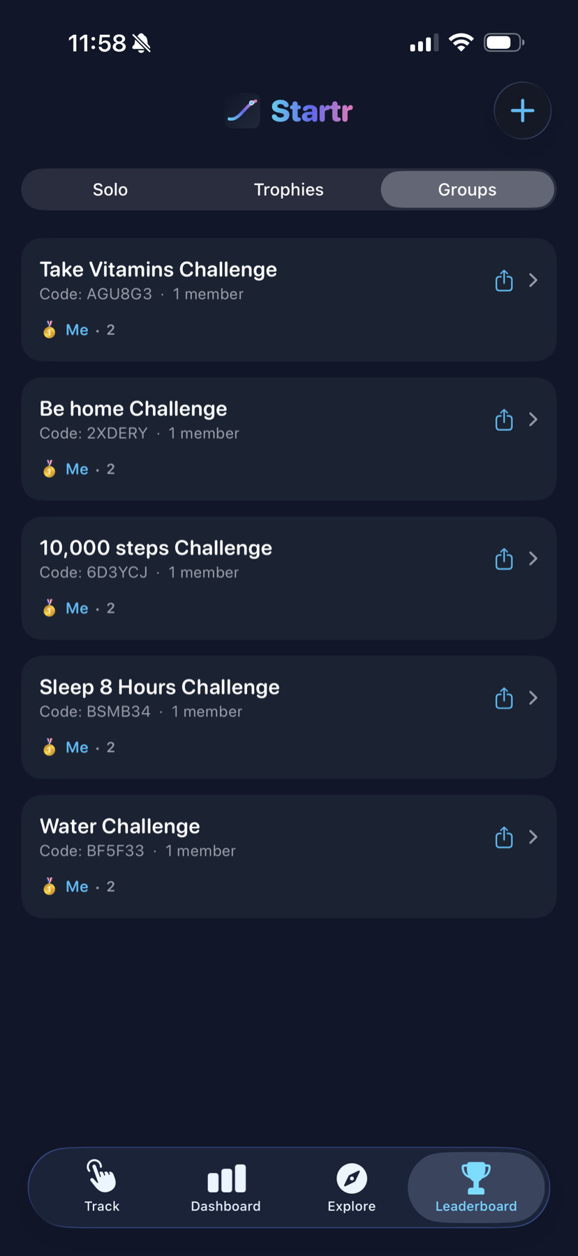 Startr group challenges screen showing shared habit challenges with friends