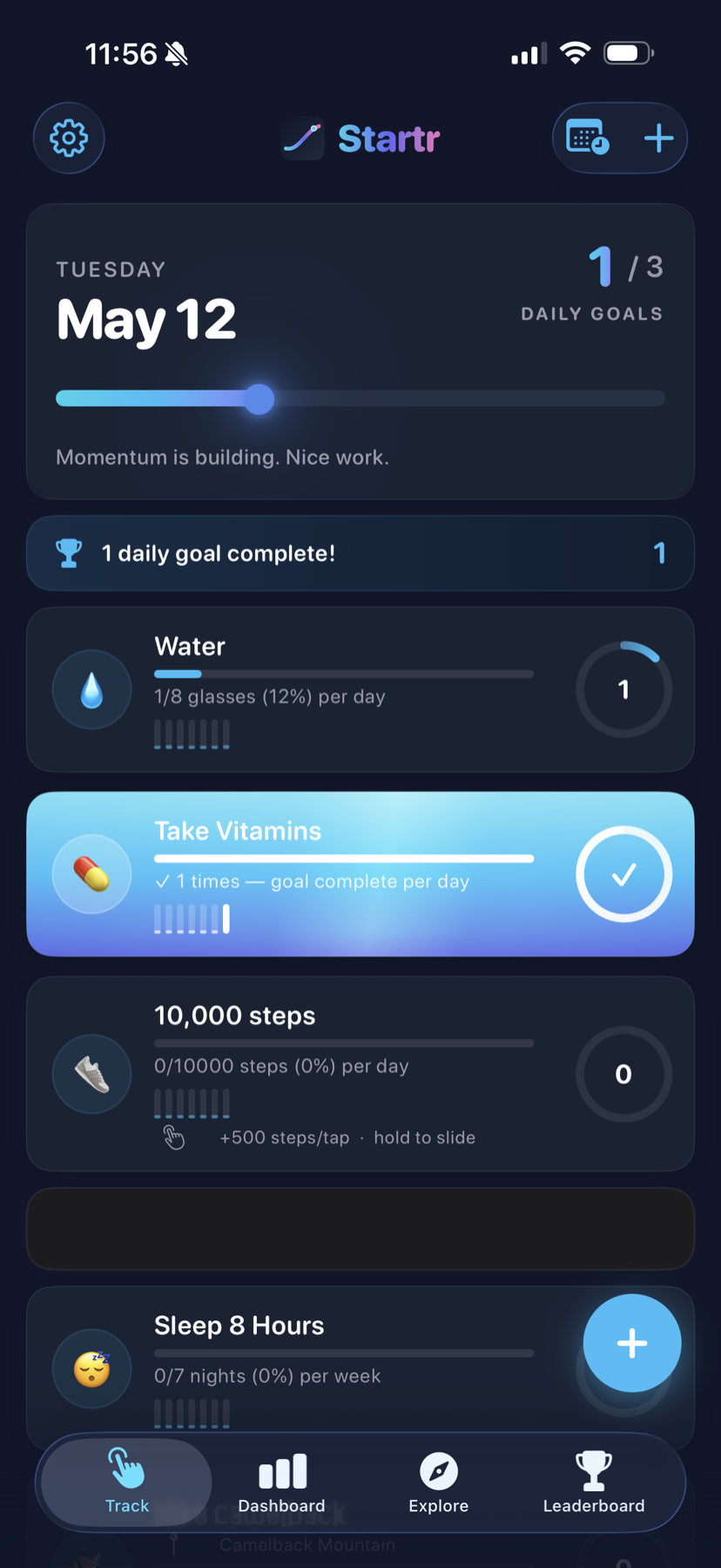 Startr home screen showing daily habit cards — water, vitamins, steps, sleep